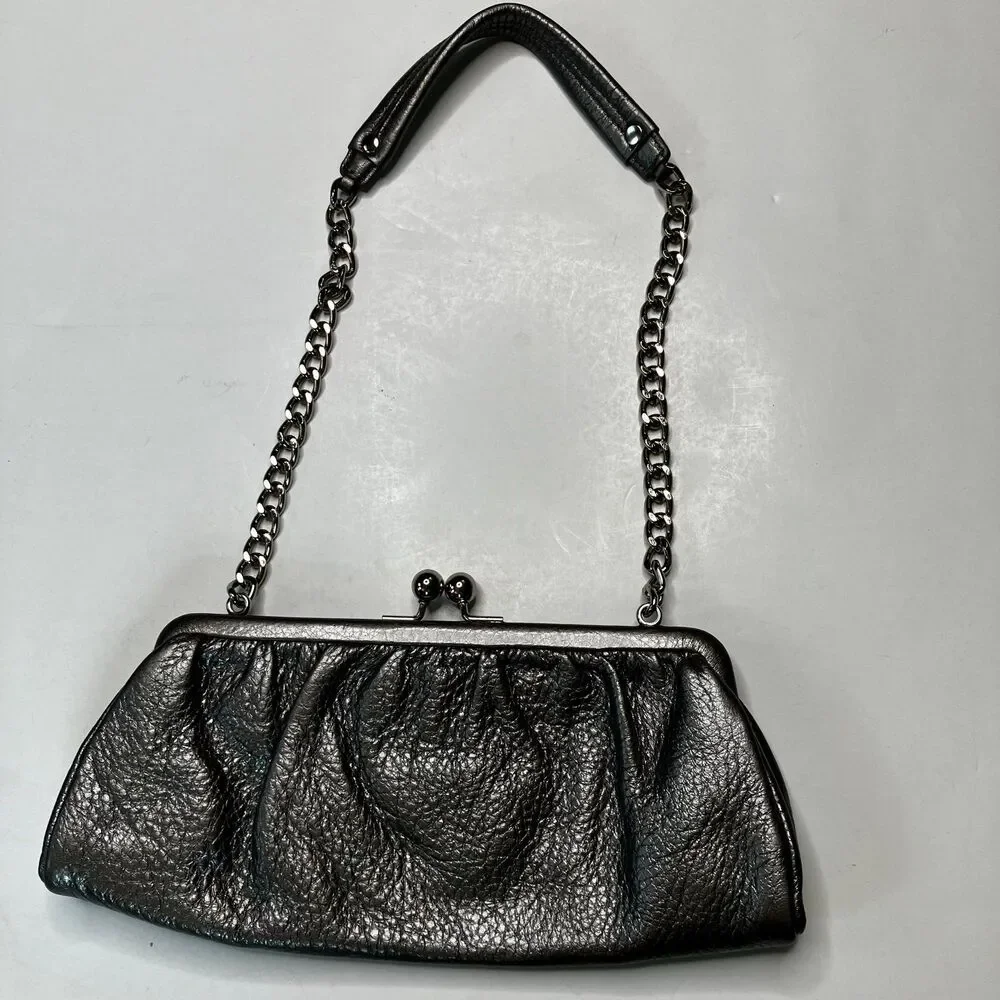 Talbot's Metallic Silver Gray Leather Clutch Evening Purse With Shoulder Strap